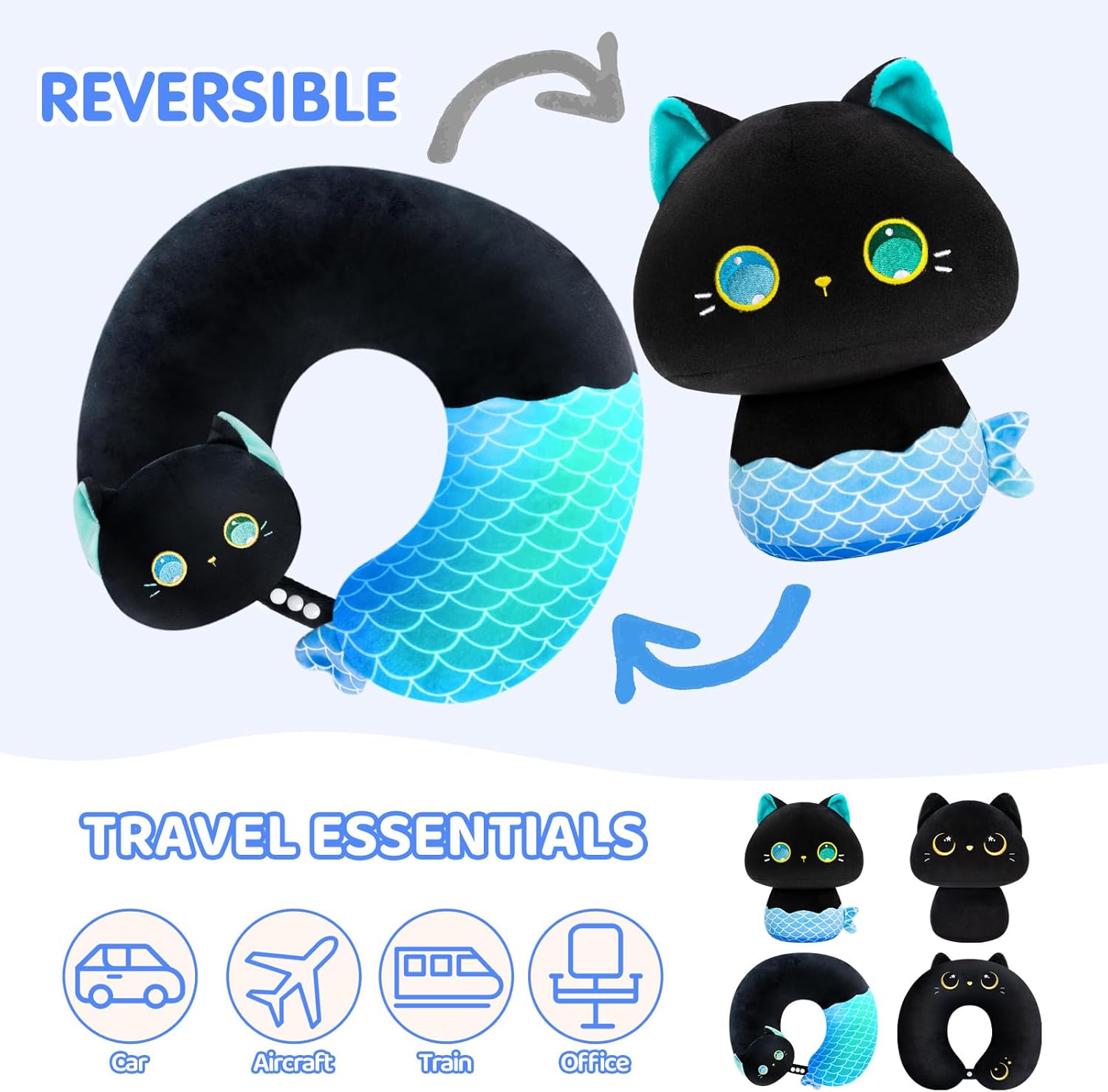 Caaaat 2-in-1 Reversible Travel Pillow with Cute Cat Plush Design