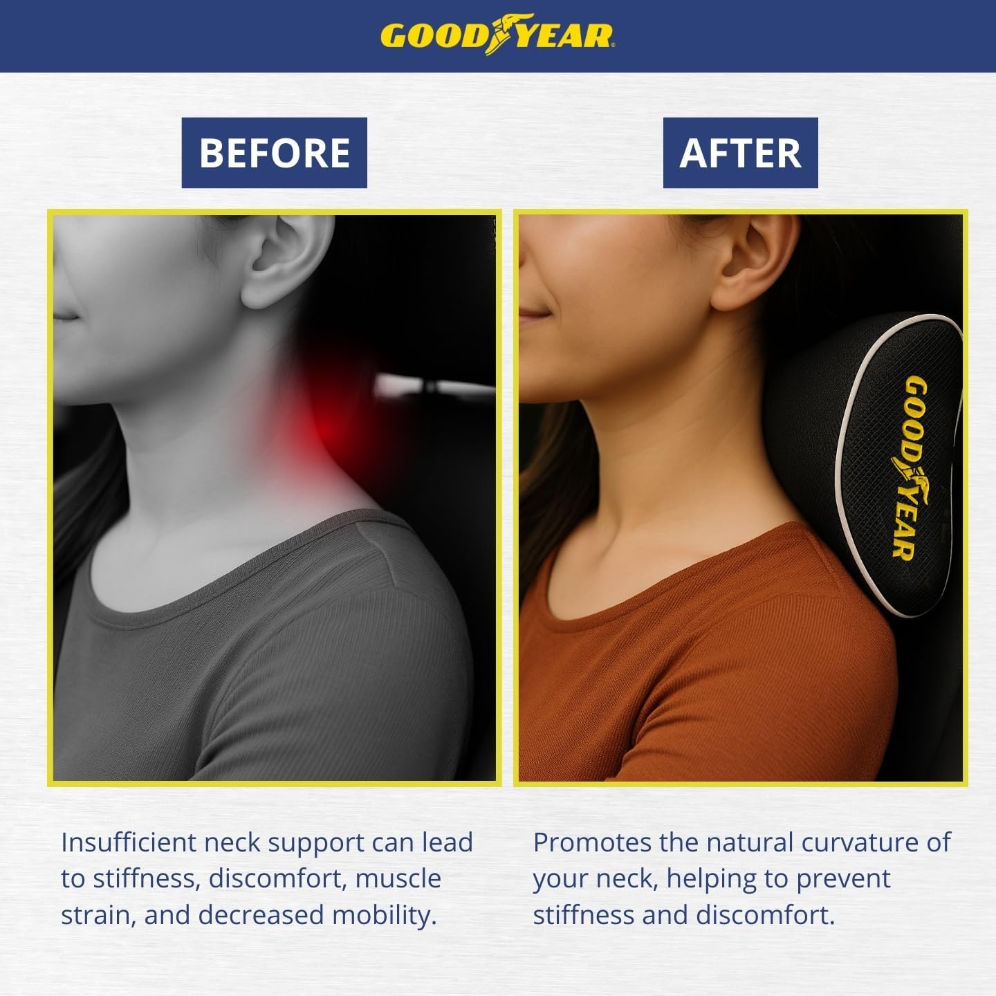 Goodyear Car Neck Pillow with Adjustable Strap and Memory Foam Support