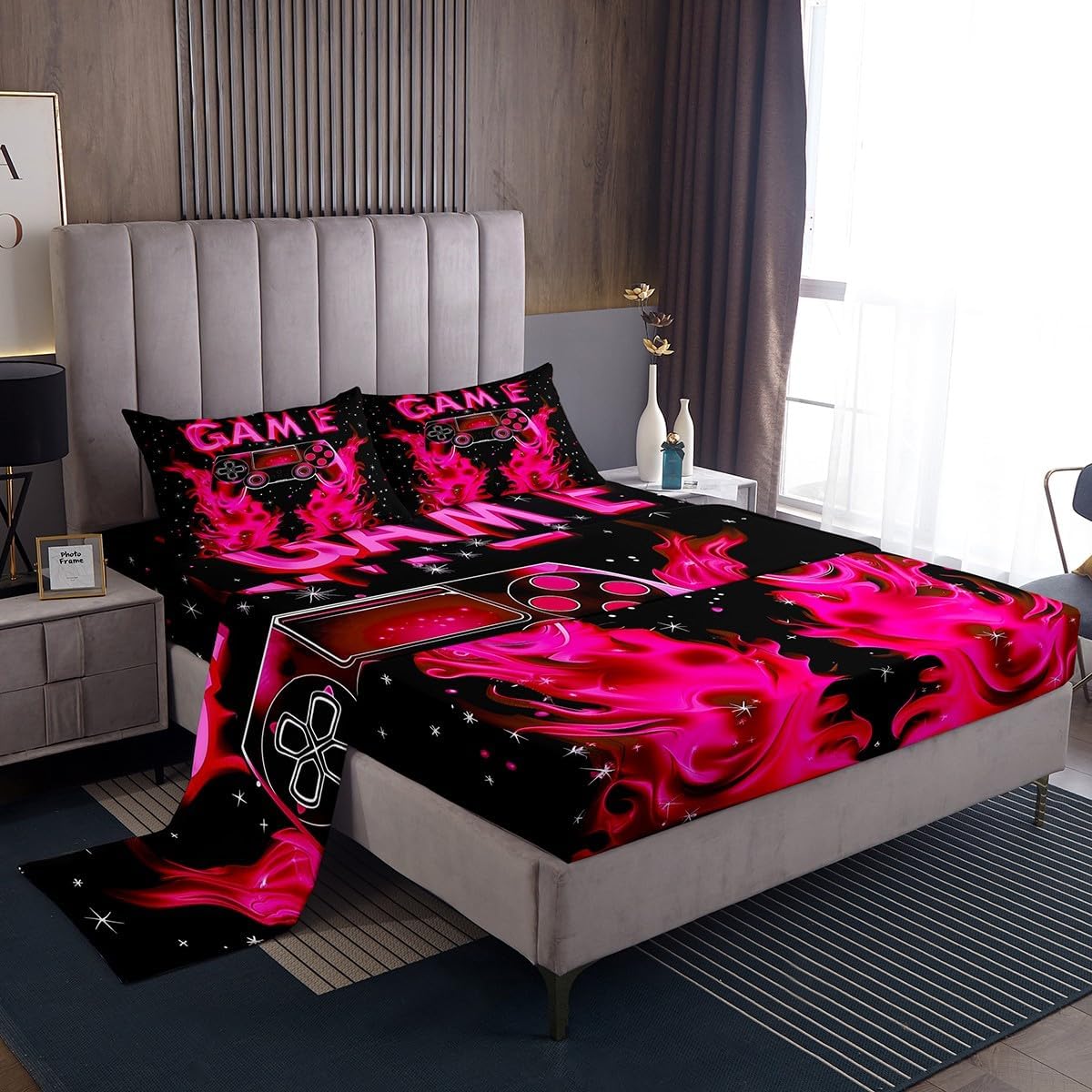 Jejeloiu Kids Gaming Bed Sheet Set King Size Pink