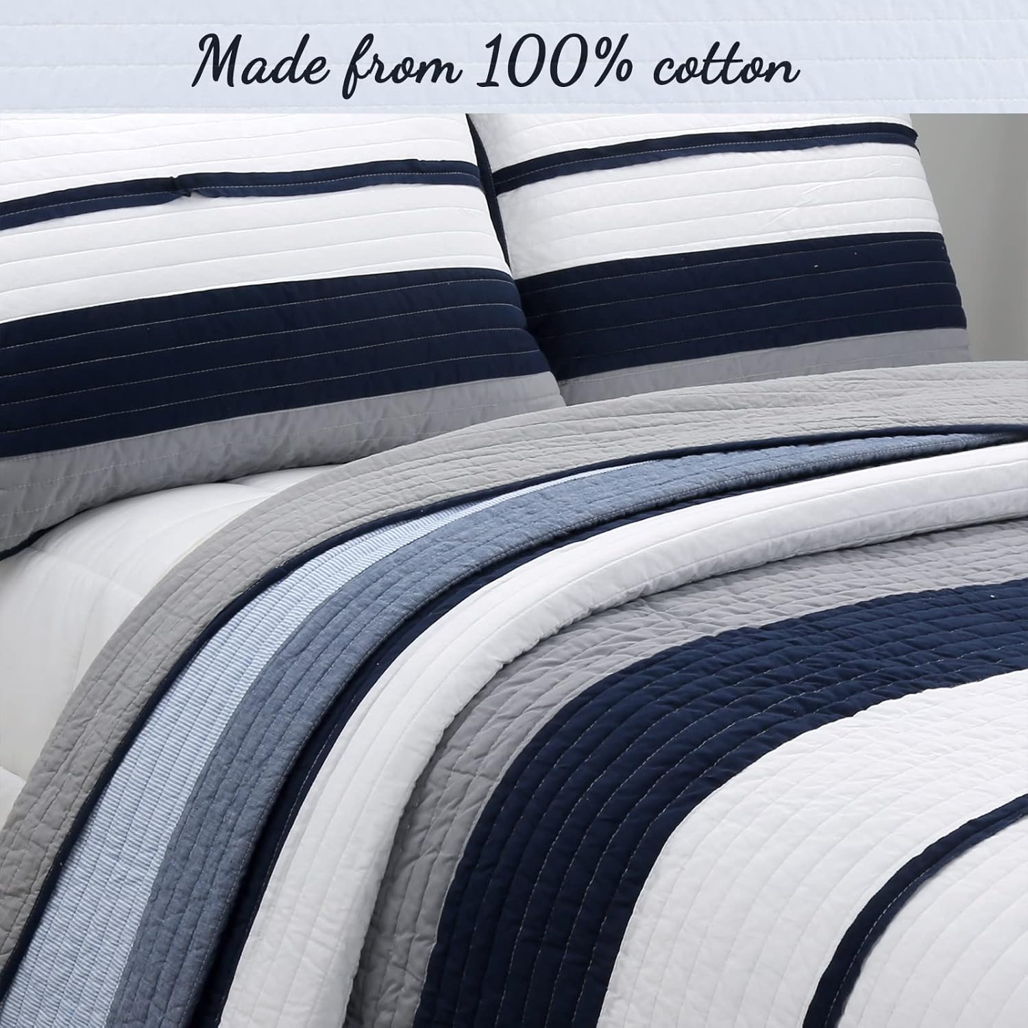 Cozy Line Tranquil Blue Gray Striped Reversible Quilt Set Twin 2 Piece