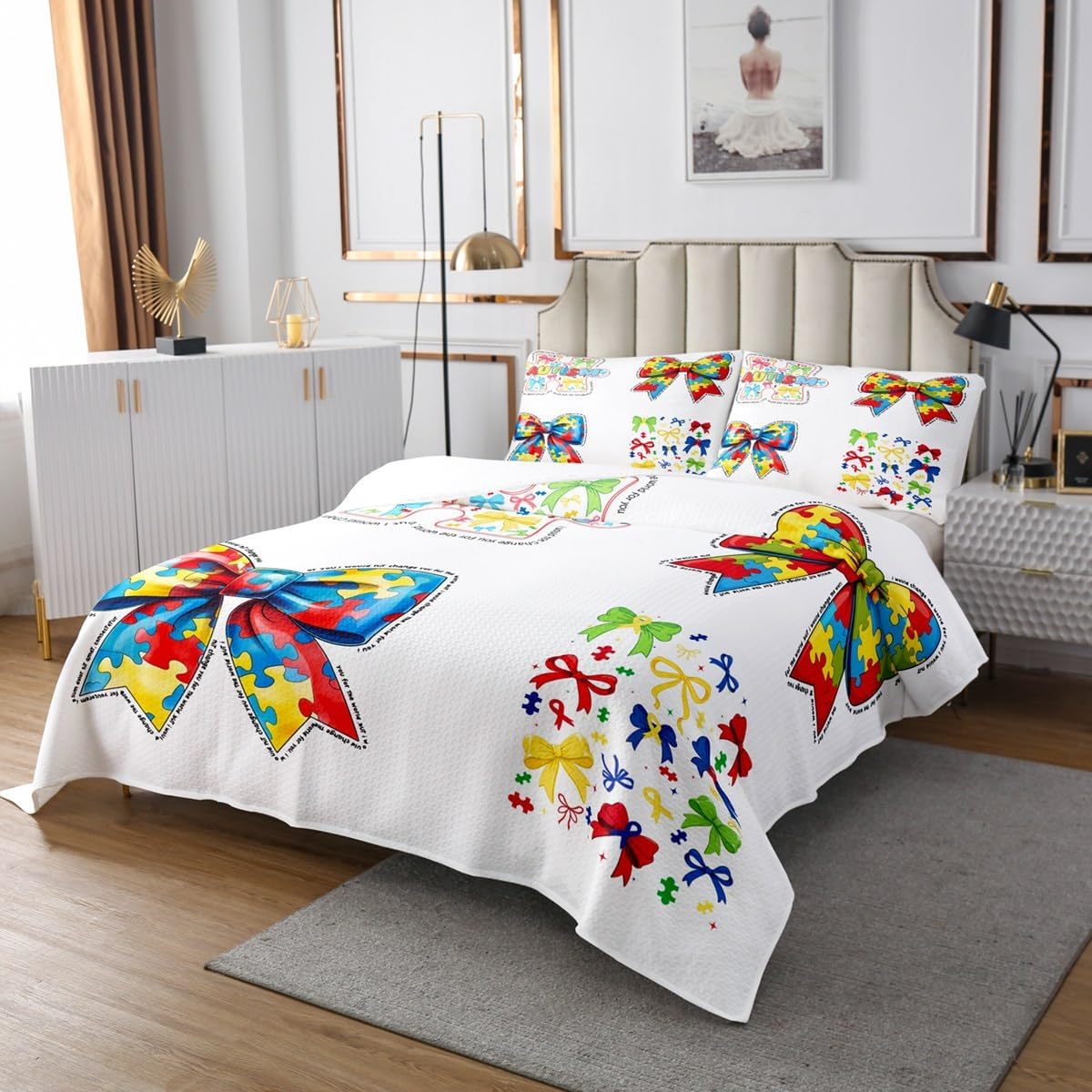 Erosebridal Rainbow 3D Bowknot Queen Coverlet Set