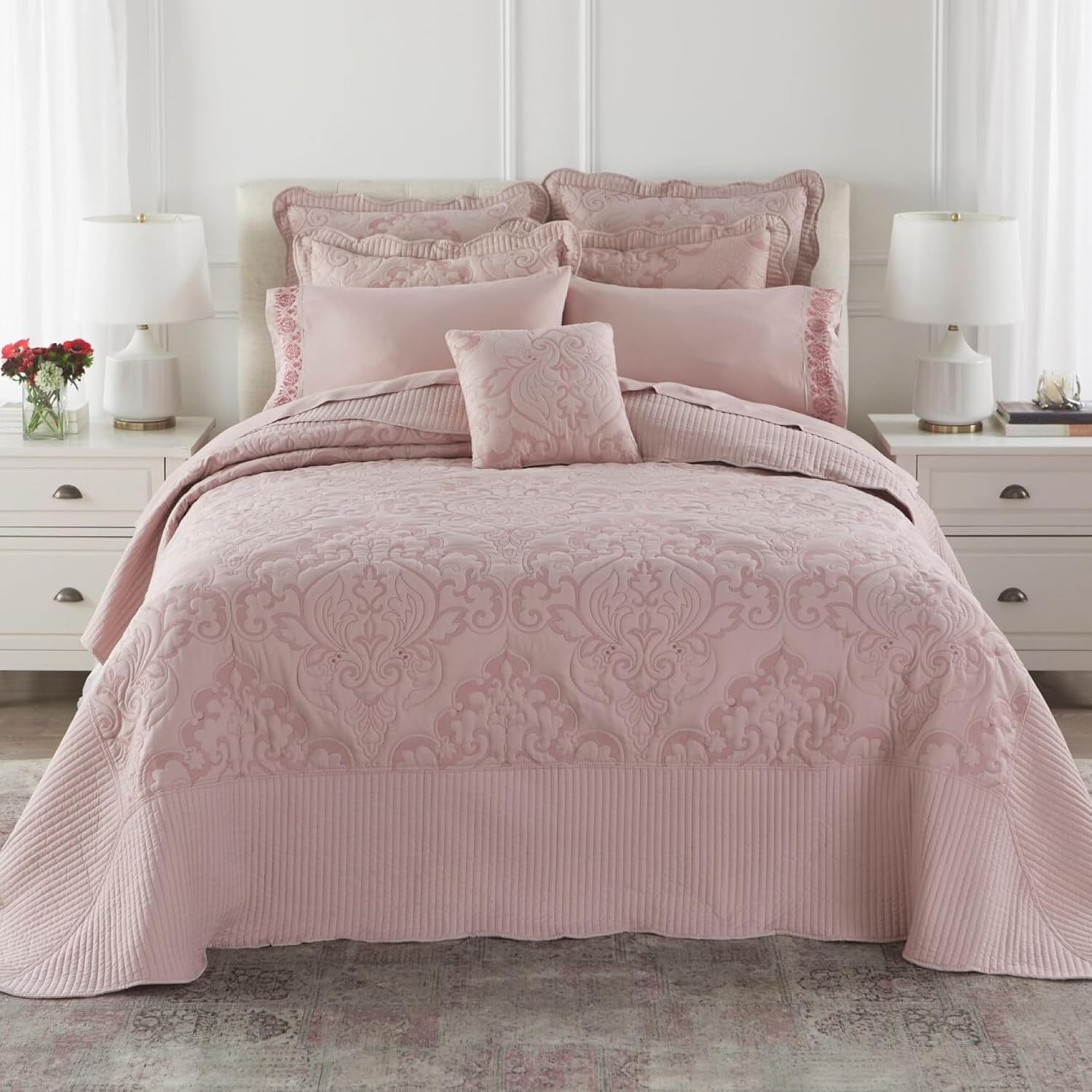BrylaneHome Ultra Soft Damask Bedspread - King Ivory Lavender