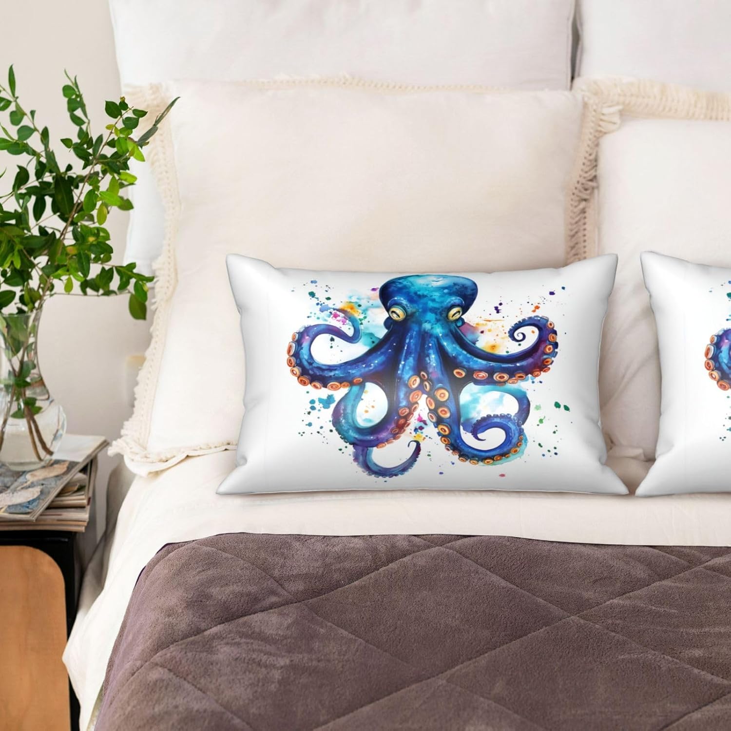 HOYYU Blue Watercolor Octopus Satin Pillowcase