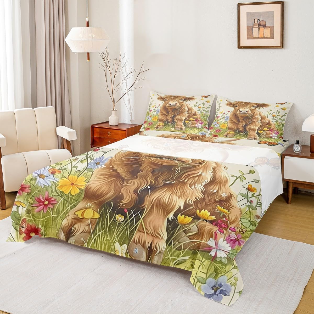 Jejeloiu King Size Highland Cow Bed Sheet Set