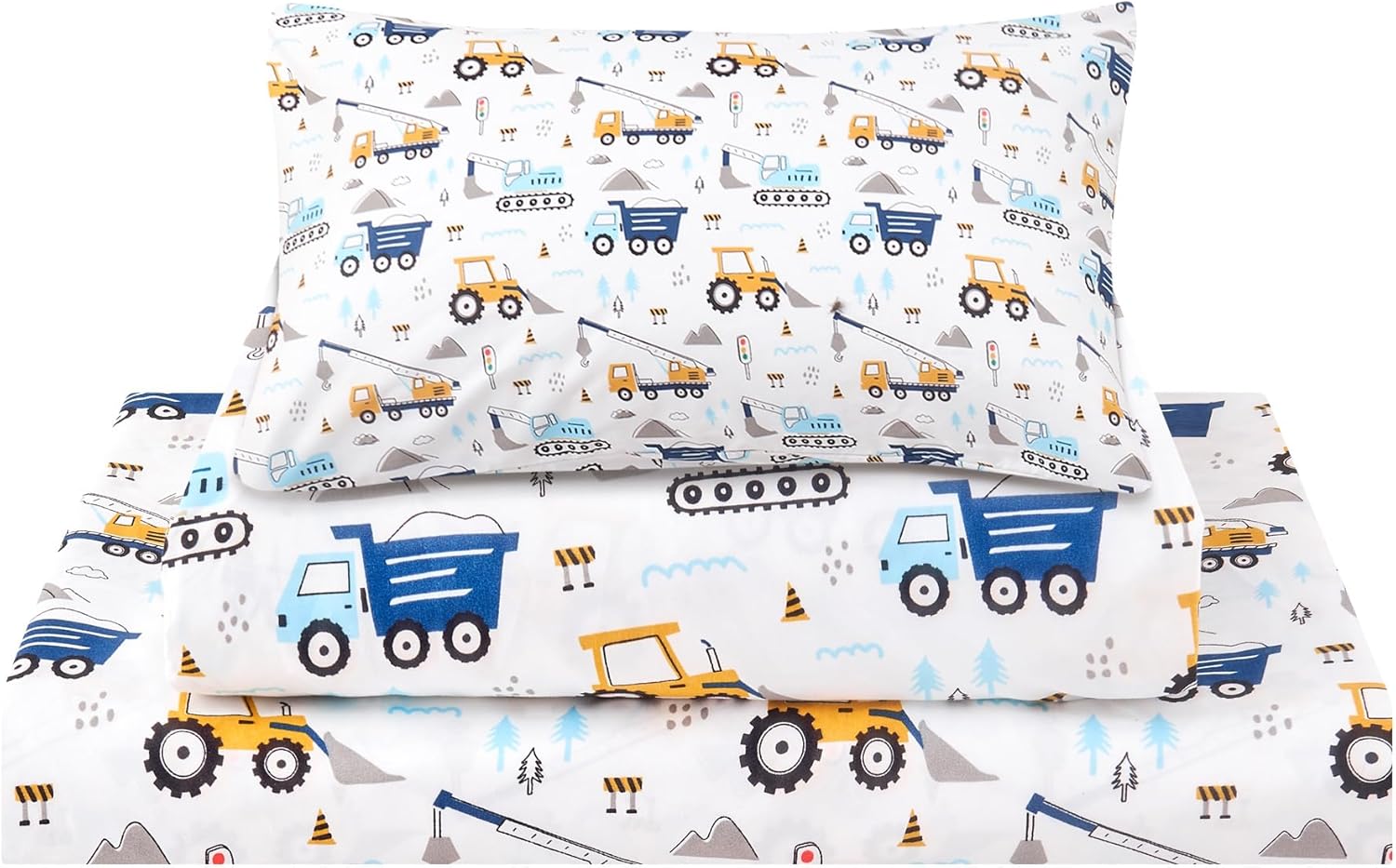 Kids Twin Sheet Set 3 Pcs Blue Excavator Car Pattern