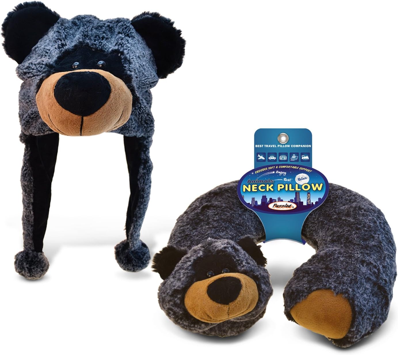 Puzzled Black Bear Plush Travel Pillow and Hat Set