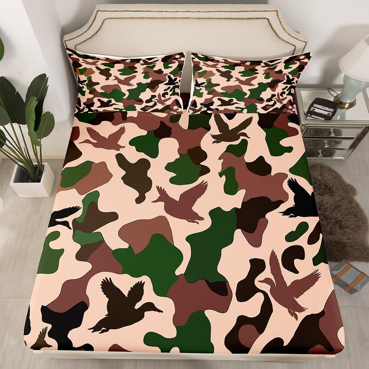 Erosebridal Camo Duck King Size Flat Fitted Sheet Set