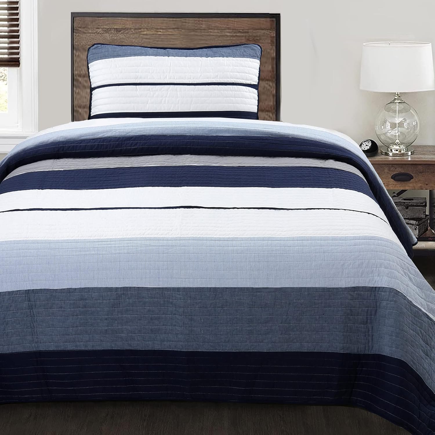 Cozy Line Tranquil Blue Gray Striped Reversible Quilt Set Twin 2 Piece