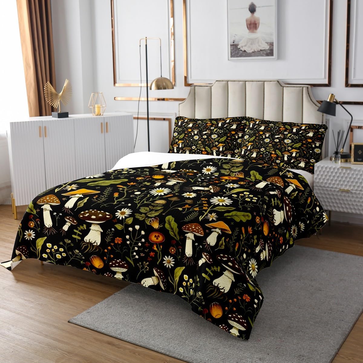 Feelyou Cute Mushroom Bedspread Kids Floral Pattern Quilted Coverlet Set