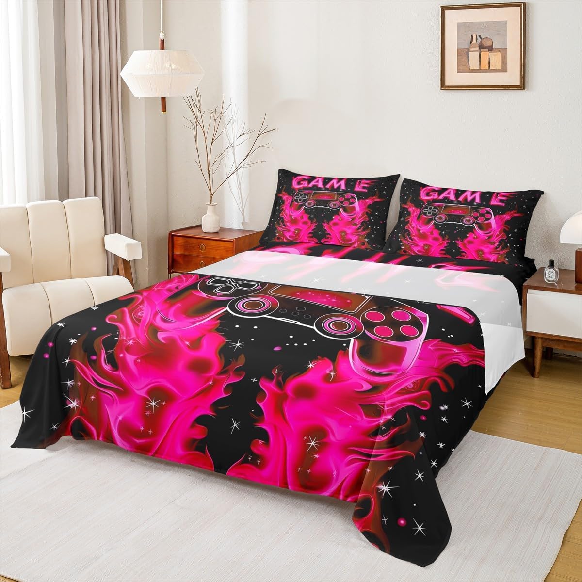 Jejeloiu Kids Gaming Bed Sheet Set King Size Pink