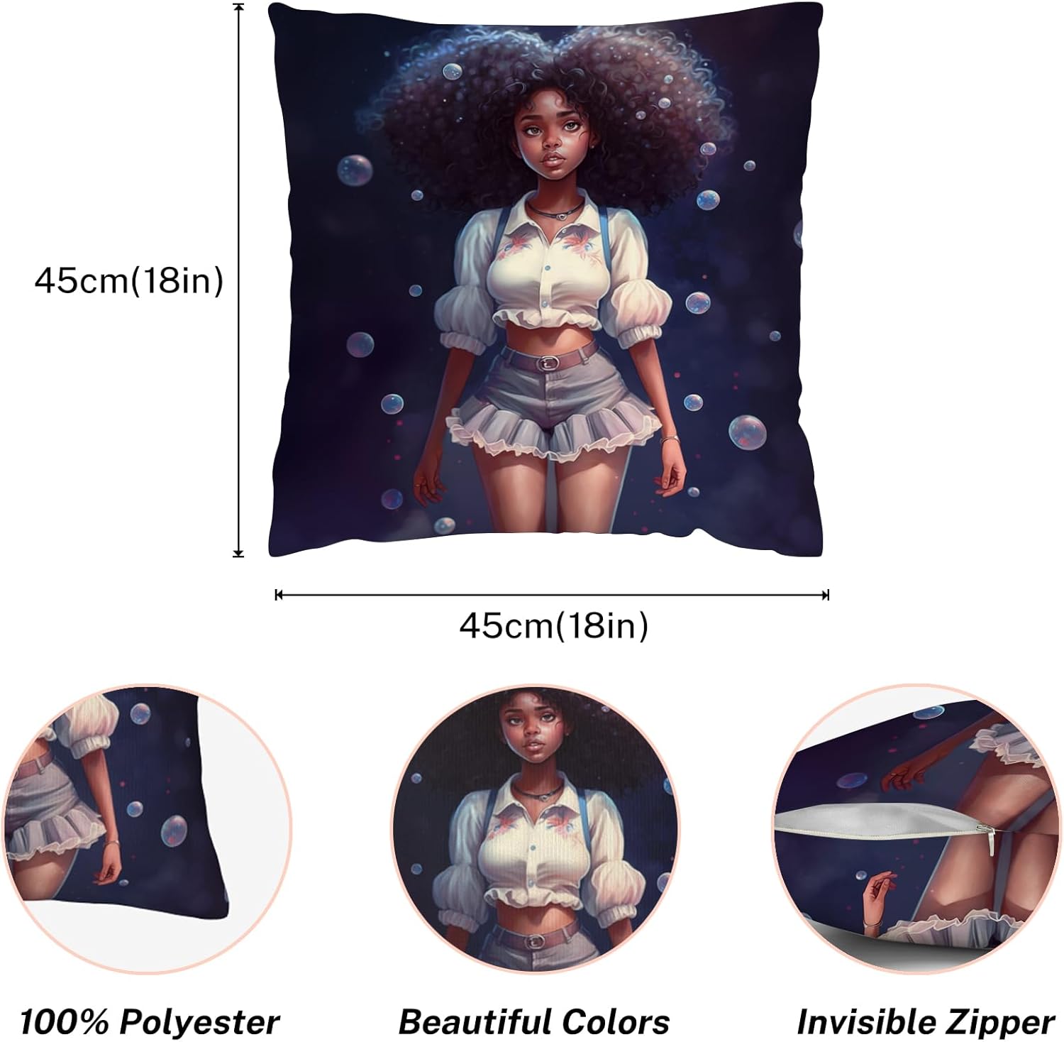 SARA NELL Black Girl Throw Pillow Cover 18x18 Inch