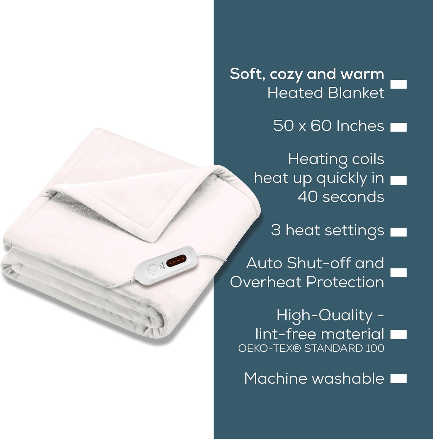Beurer HD61 Heated Throw Blanket - 4 Heat Settings 4hr Auto Shut Off