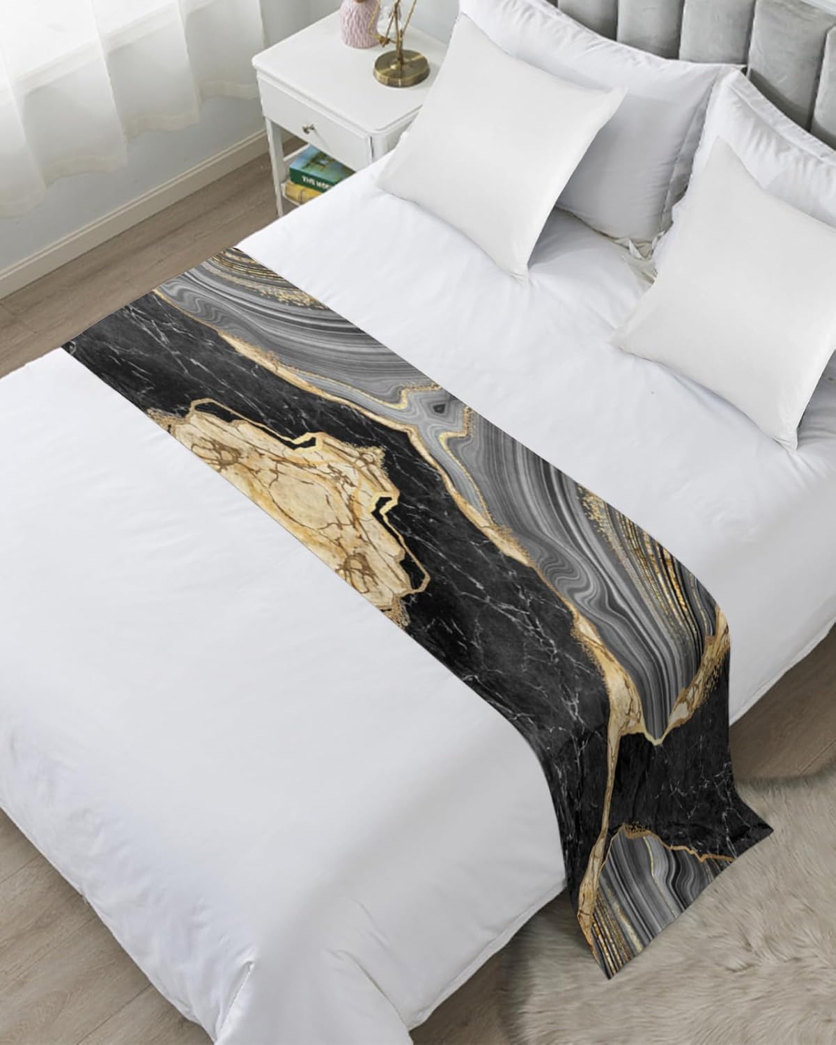 Sabolny Abstract Marble Bed Runner Scarf Cal King Size
