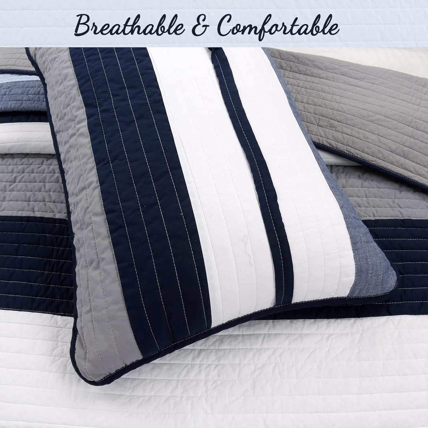 Cozy Line Tranquil Blue Gray Striped Reversible Quilt Set Twin 2 Piece