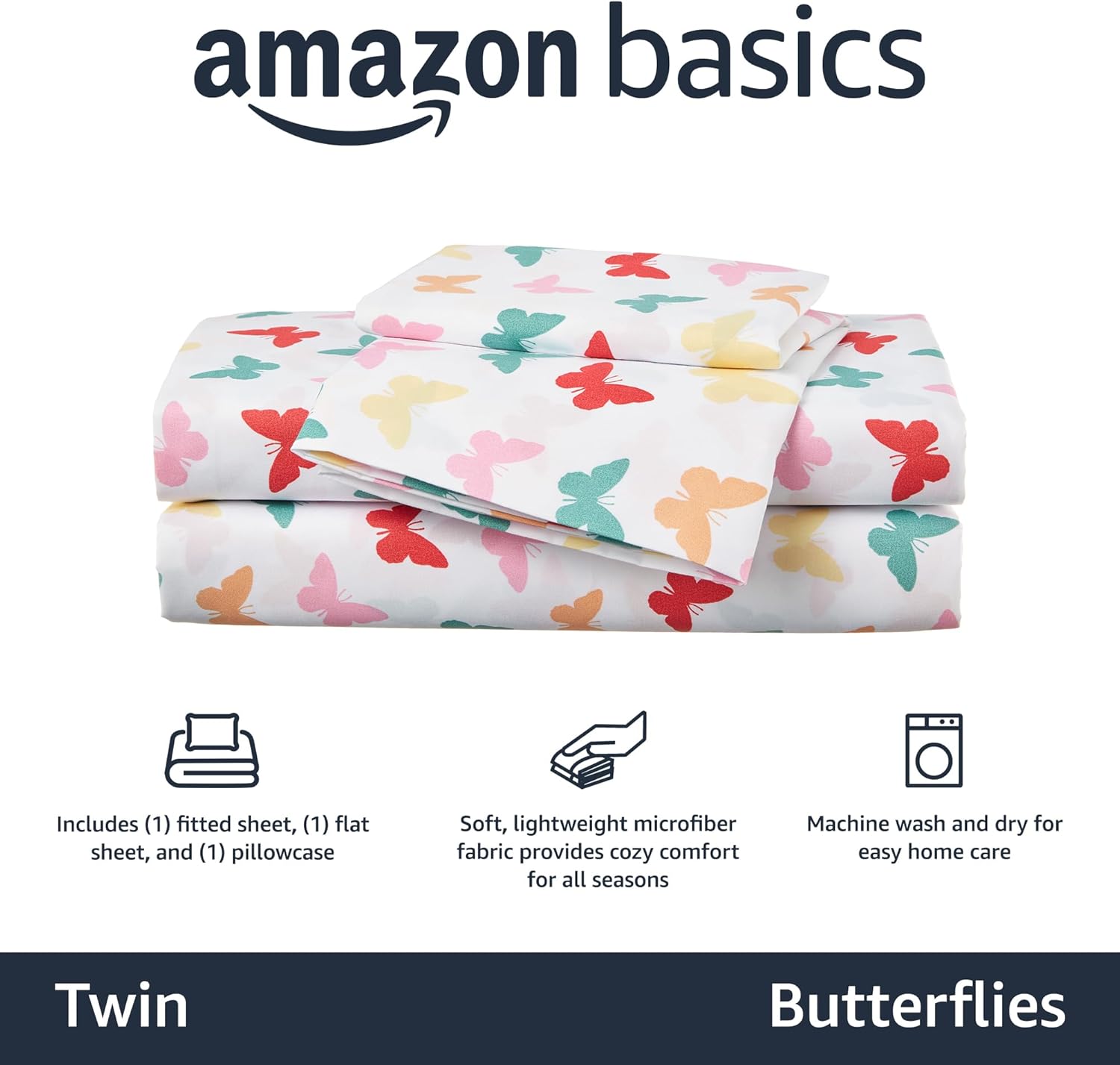 Amazon Basics 3-Piece Twin Microfiber Sheet Set with Butterflies Print