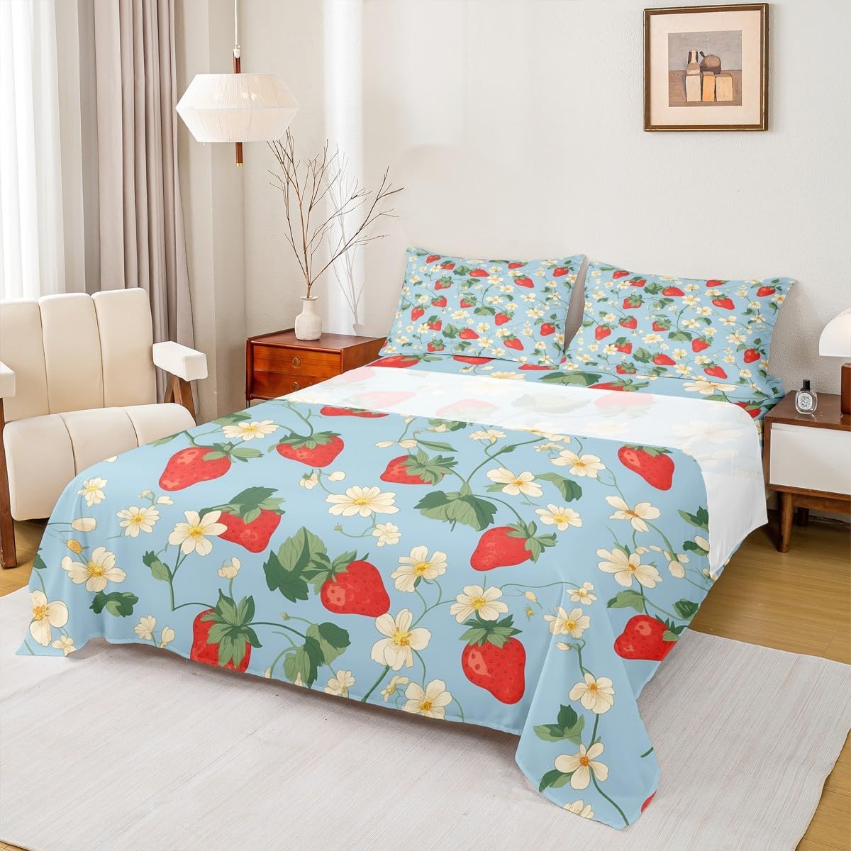 Jejeloiu Kids Strawberry Bed Sheet Set King Size