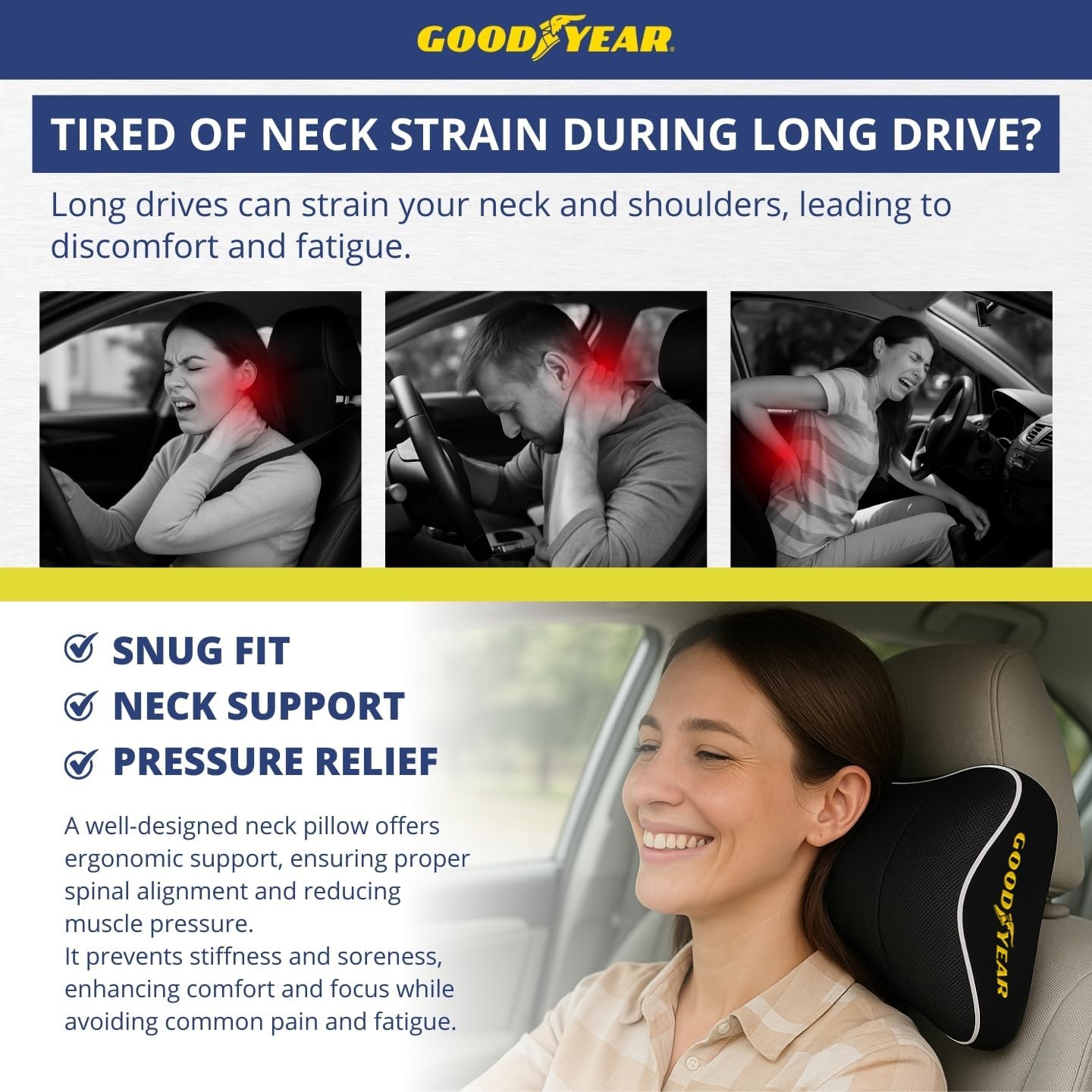 Goodyear Car Neck Pillow with Adjustable Strap and Memory Foam Support
