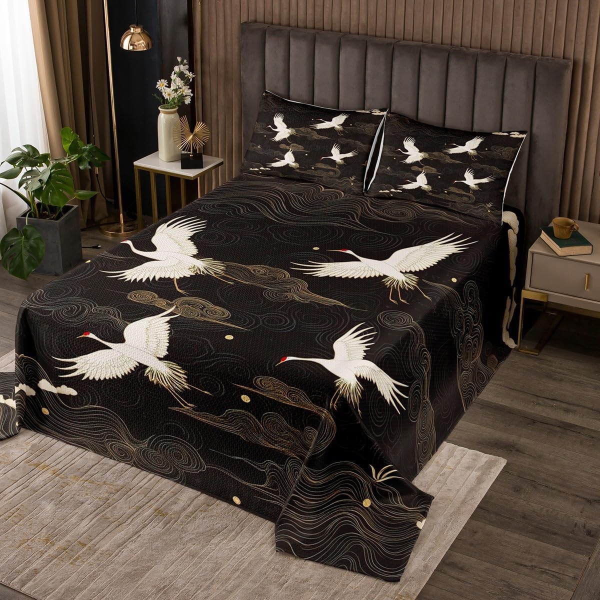 Feelyou King Size Crane Bedspread Set with 2 Pillow Shams