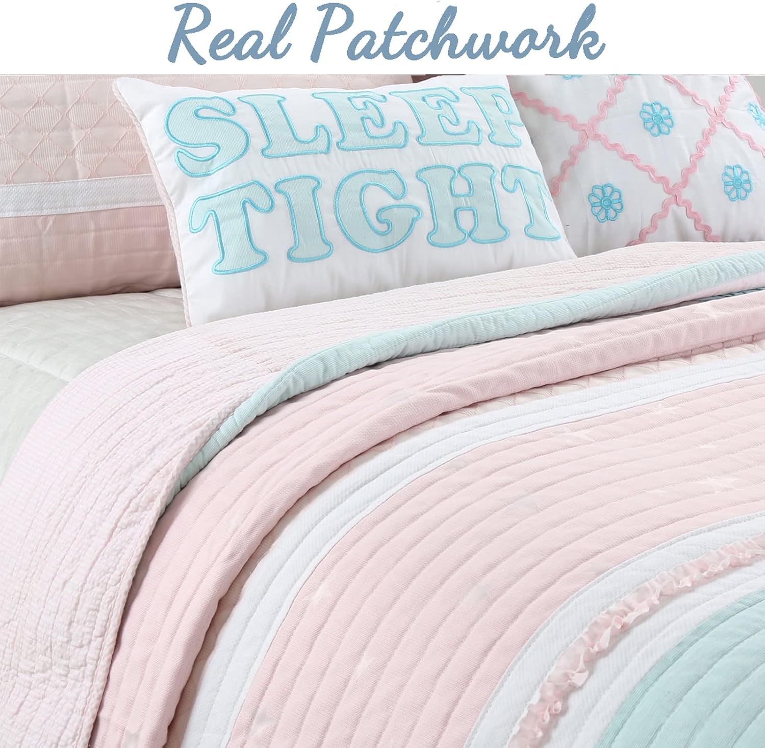 Cozy Line Light Pink Blue Ruffles Quilt Bedding Set 3 Piece