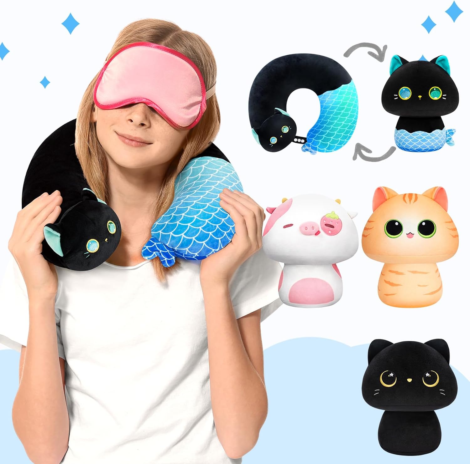 Mewaii Kids Travel Pillow - Mermaid Cat 2-in-1 Neck Pillow