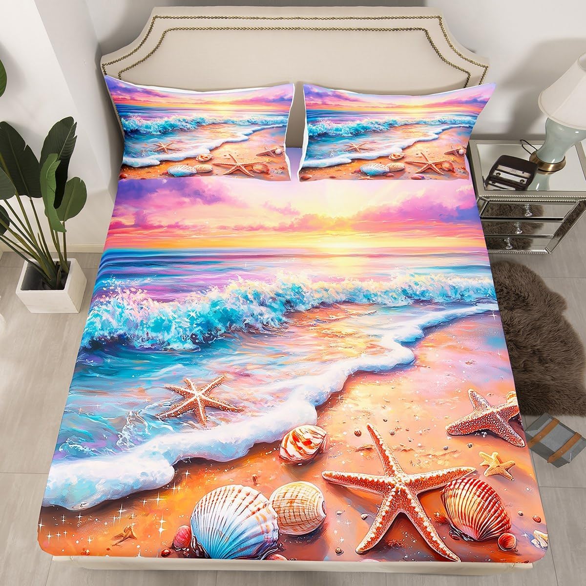 Erosebridal King Size Beach Sheet Set with Shell Starfish Print 1