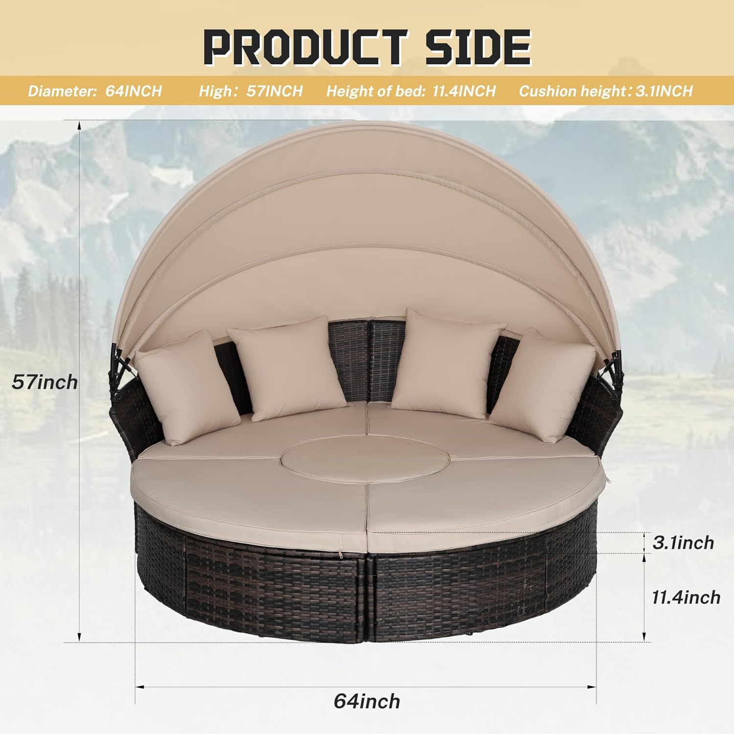 Incbruce Round Daybed with Retractable Canopy Black Wicker