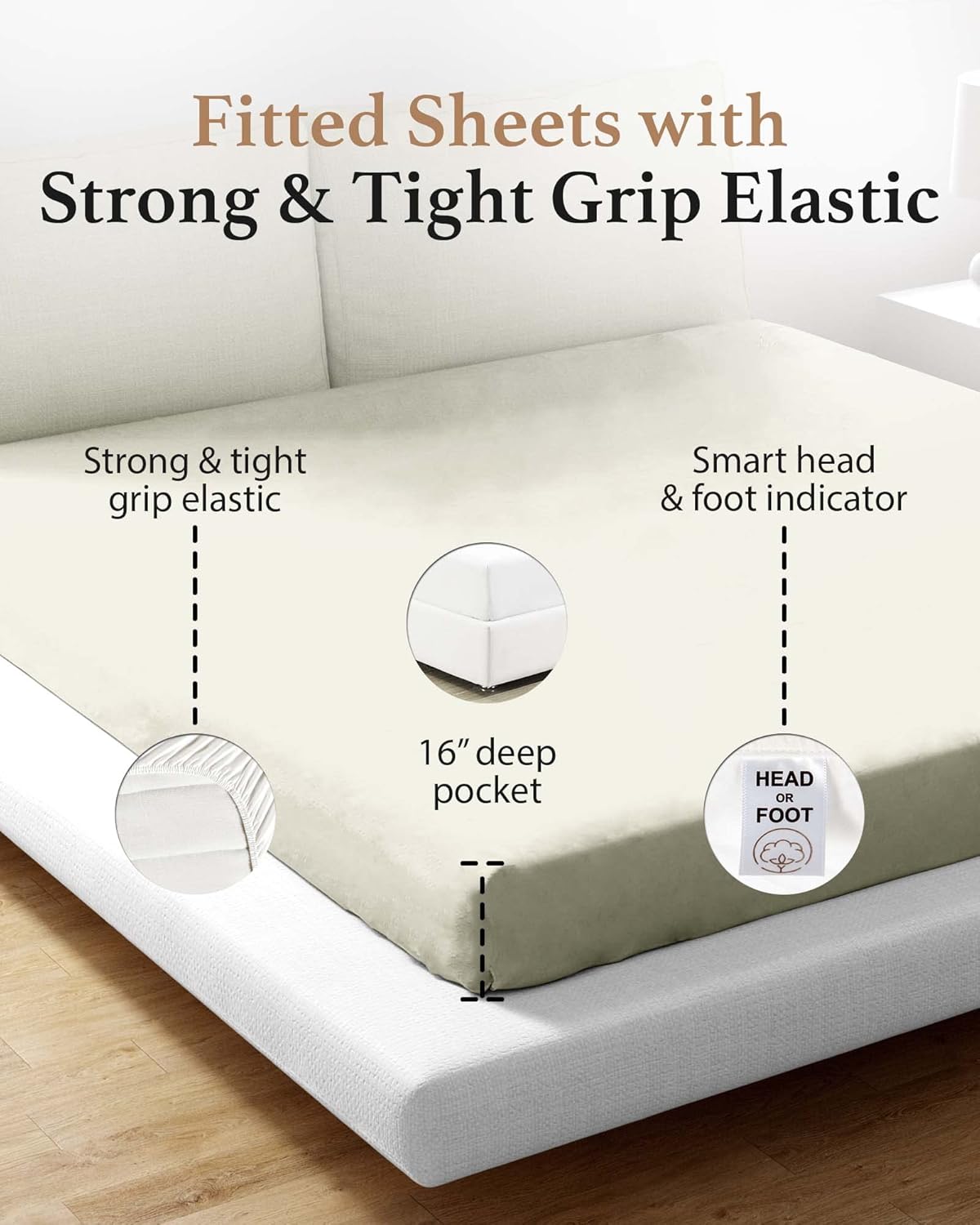 Good Sleep Bedding Queen Fitted Sheet Ivory 800 TC 16 Deep