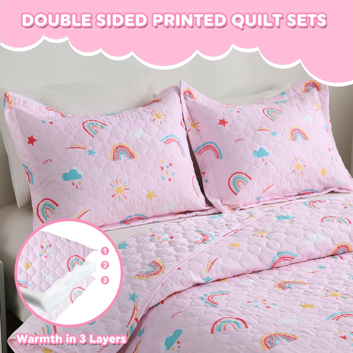 CIMVI Pink Rainbow Quilt Set for Kids