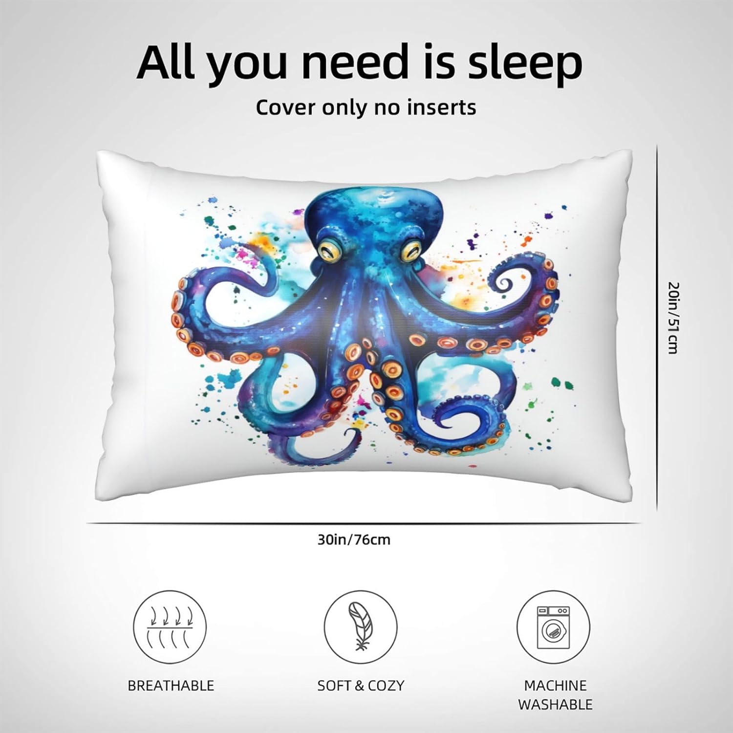 HOYYU Blue Watercolor Octopus Satin Pillowcase