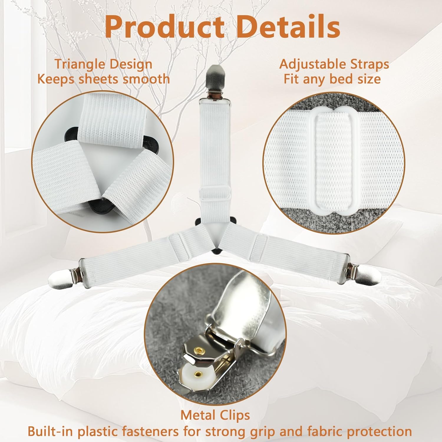 4PCS Sheet Straps with Metal Clips for Bed Corners