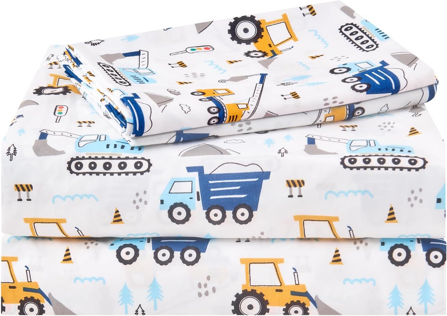 Kids Twin Sheet Set 3 Pcs Blue Excavator Car Pattern