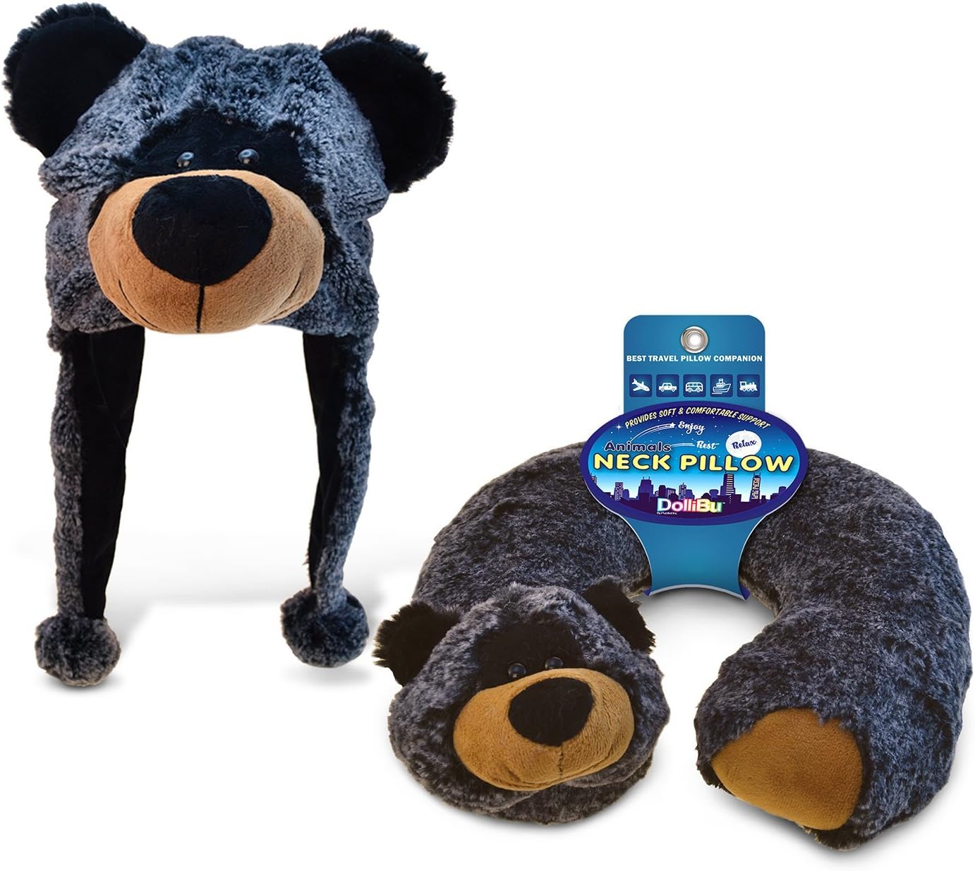 Puzzled Black Bear Plush Travel Pillow and Hat Set