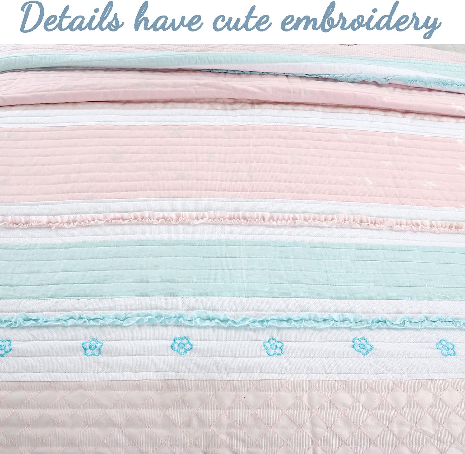 Cozy Line Light Pink Blue Ruffles Quilt Bedding Set 3 Piece