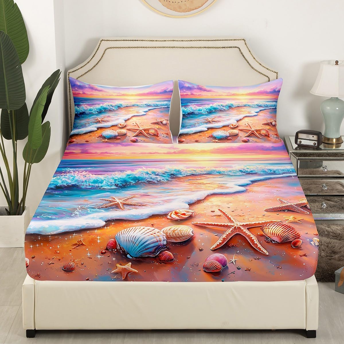 Erosebridal King Size Beach Sheet Set with Shell Starfish Print 1