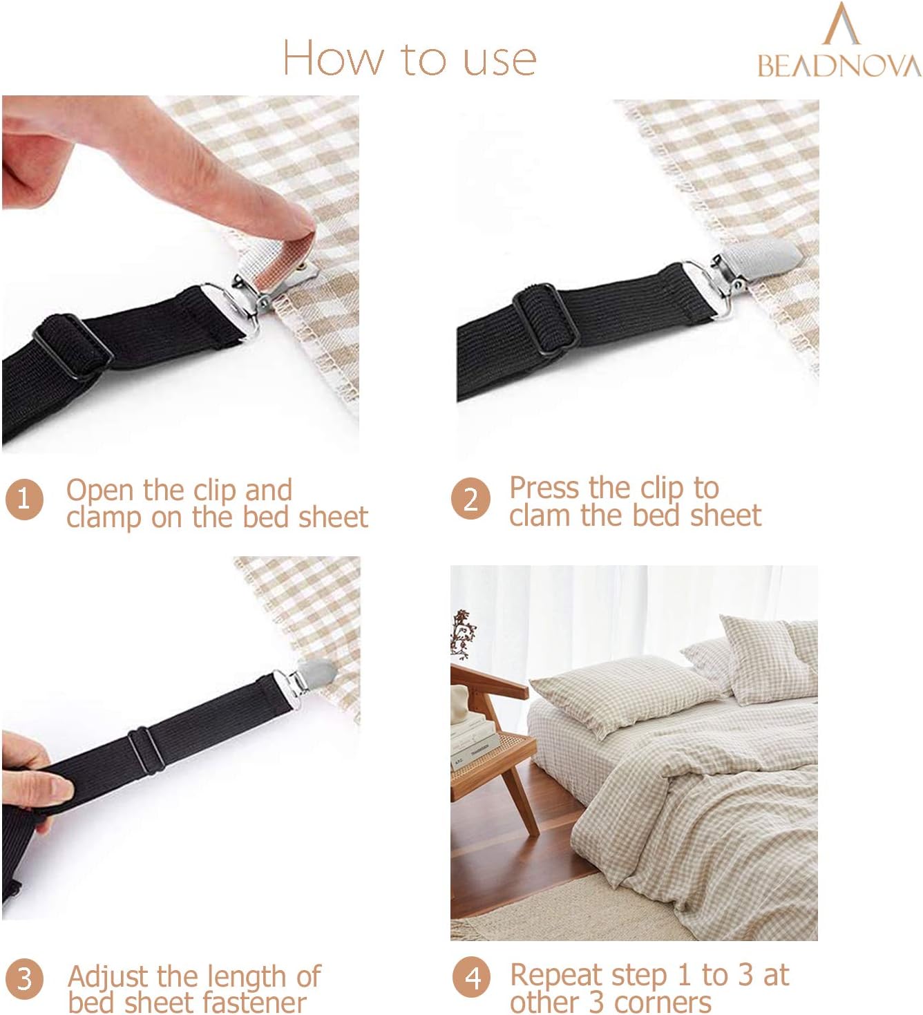 BEADNOVA Adjustable Sheet Suspenders 4 Pcs