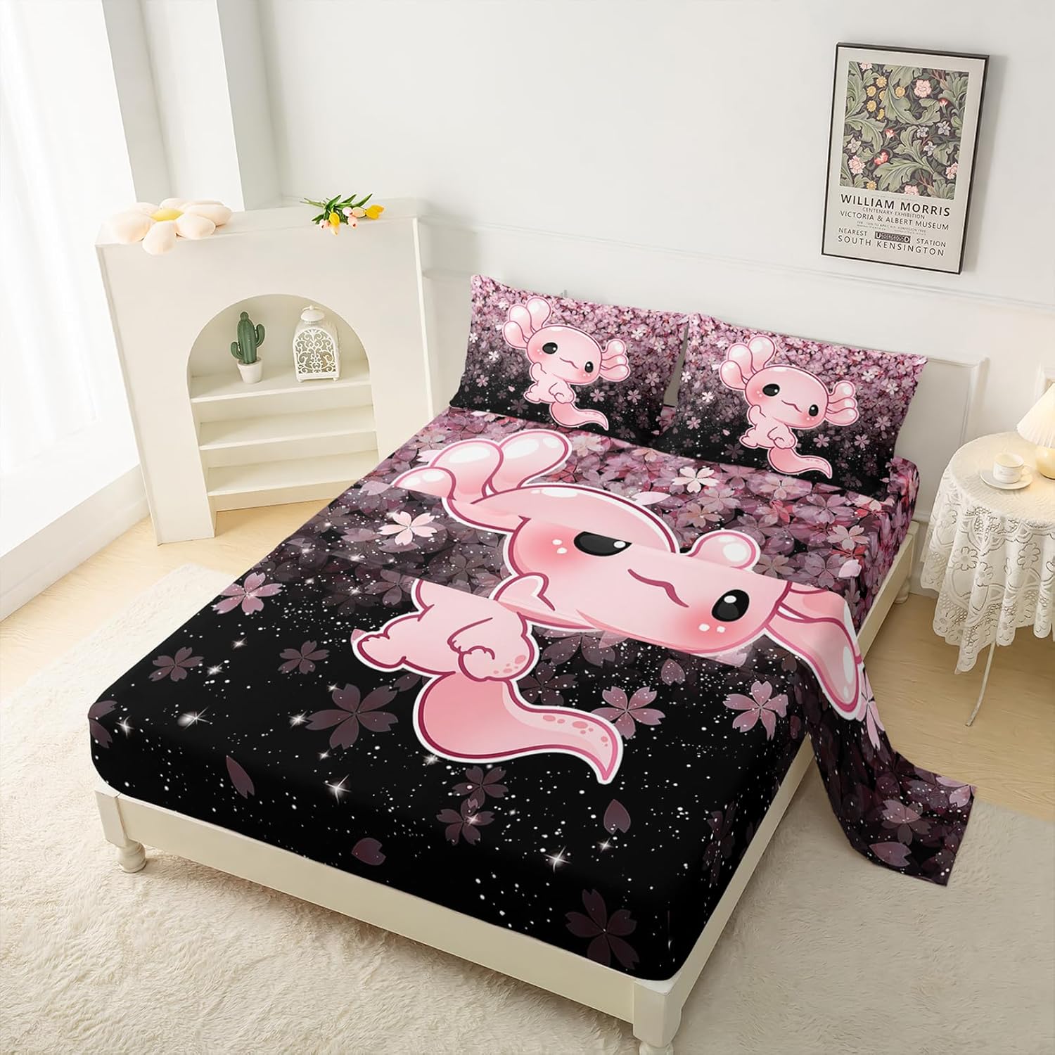 QOOMO Kawaii Axolotl Bedding Set Pink Cherry Blossom