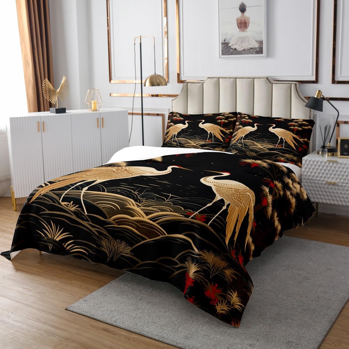Feelyou Japanese Crane Bedspread Set 3Pcs Queen Size