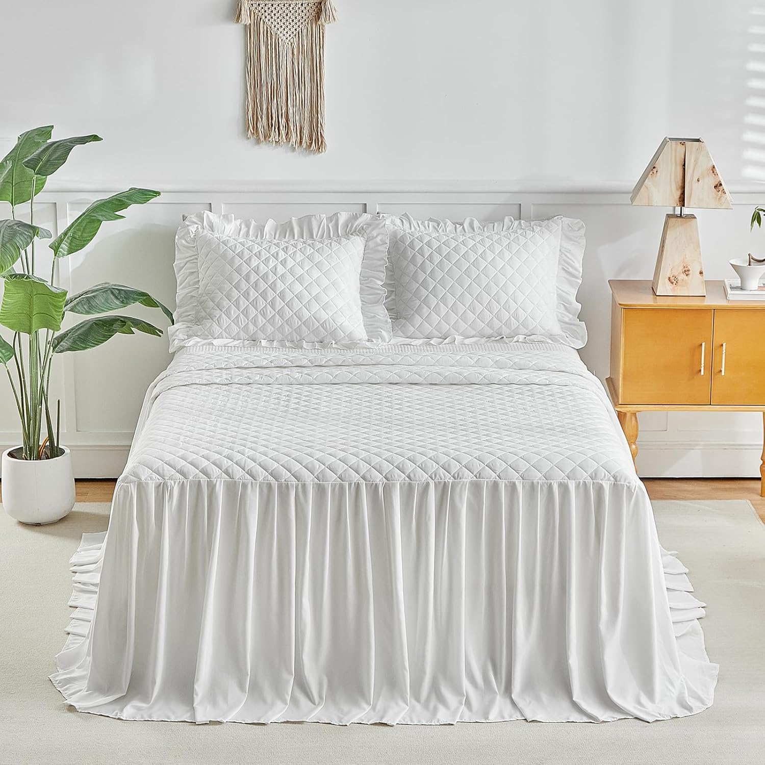 UOZZI BEDDING Ruffle Skirt Bedspread Set Queen Size White