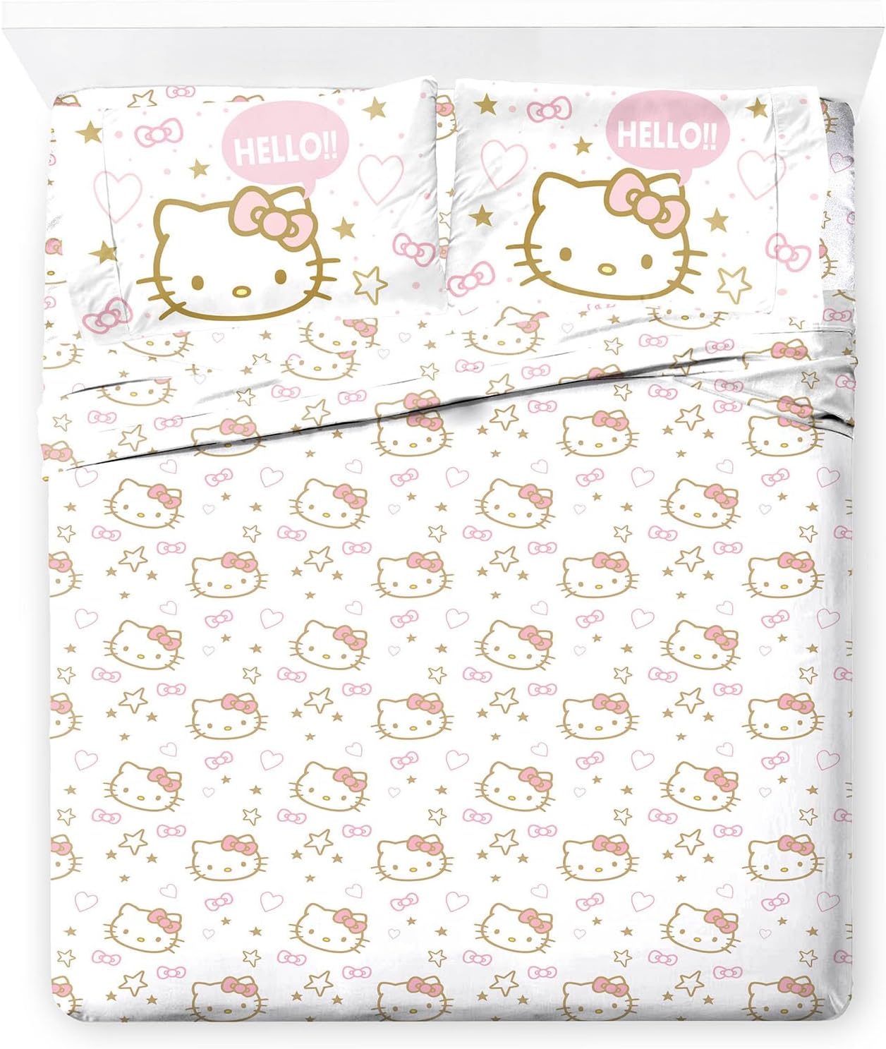 Jay Franco Hello Kitty Queen Sheet Set - 4 Piece Microfiber Stars Hearts Bedding