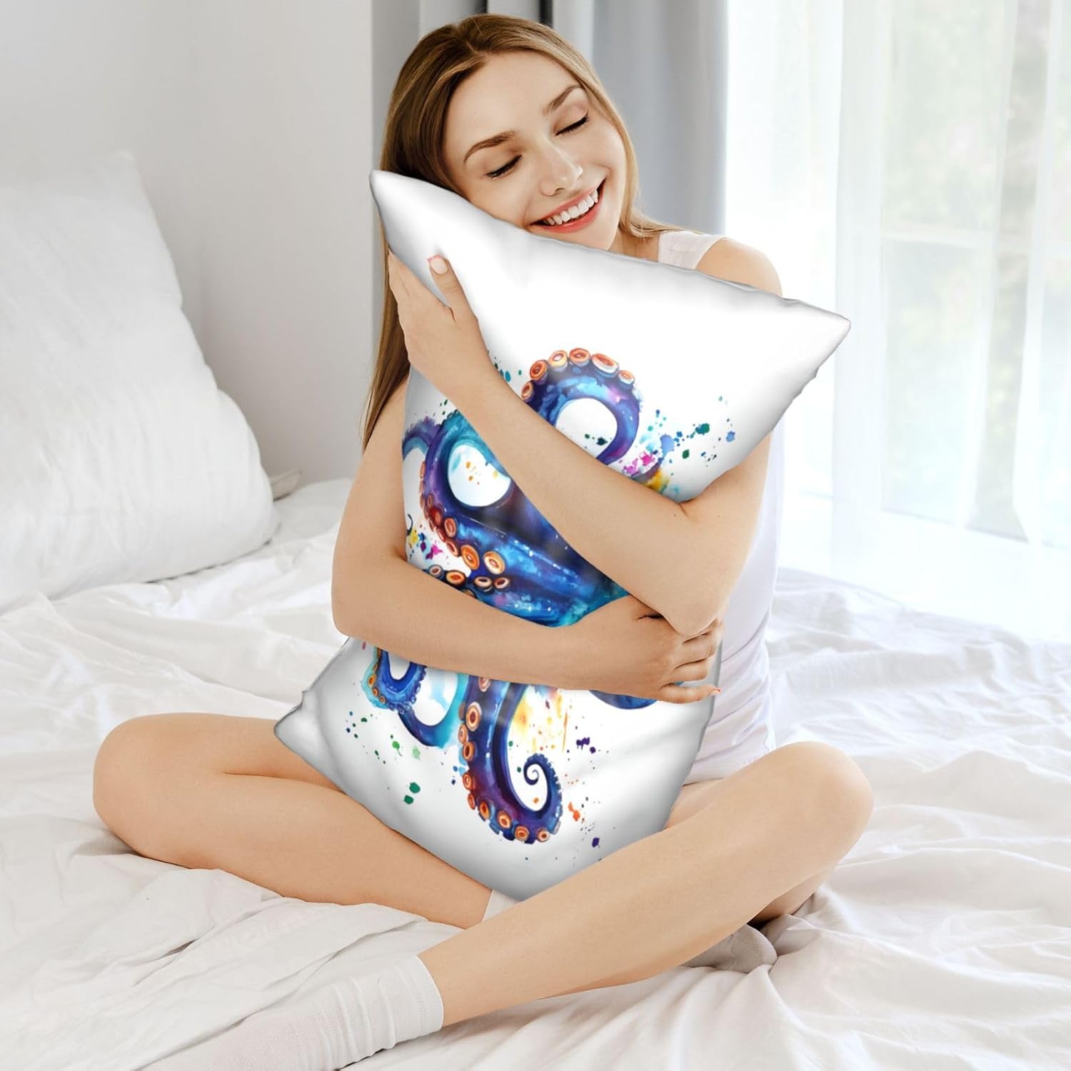 HOYYU Blue Watercolor Octopus Satin Pillowcase