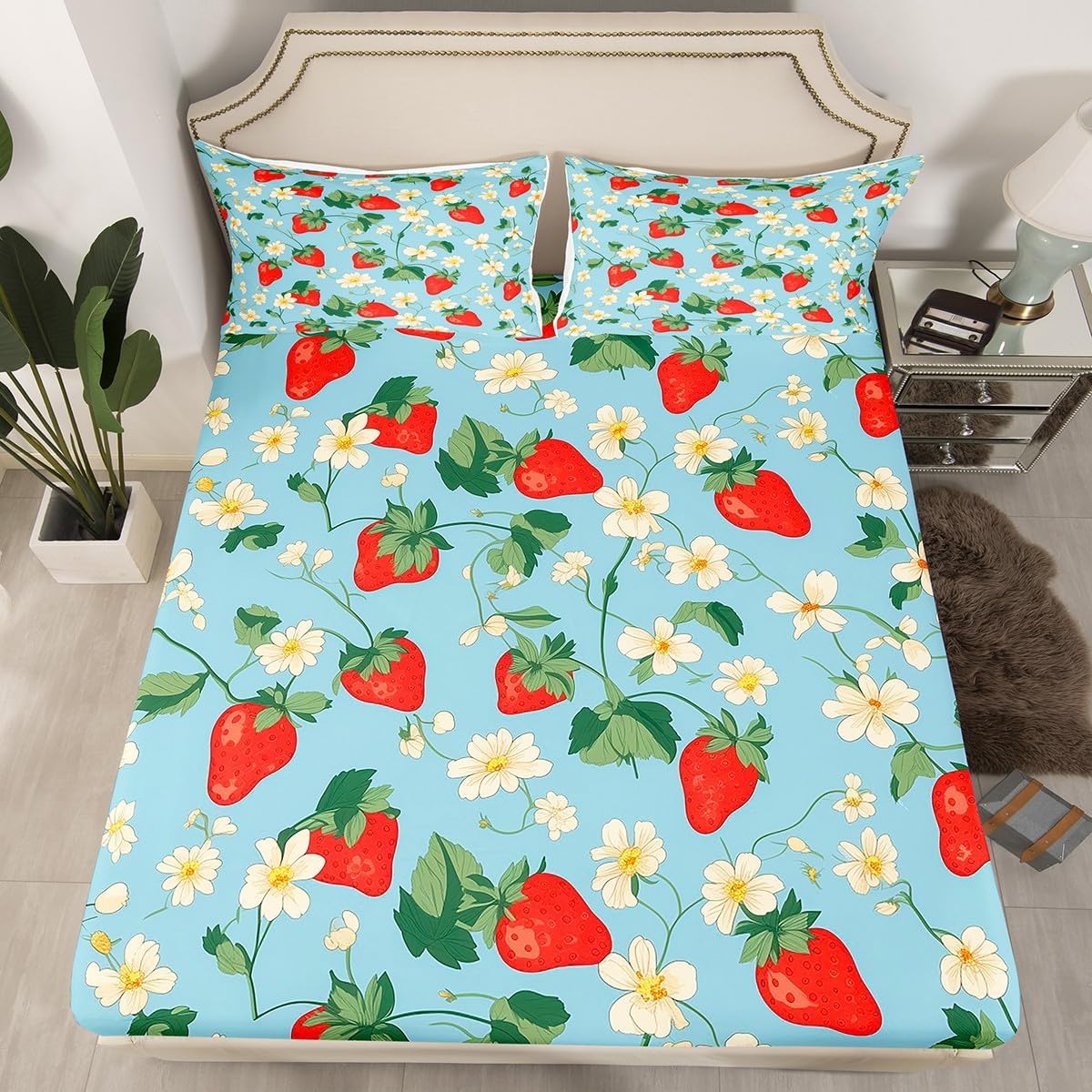 Jejeloiu Kids Strawberry Bed Sheet Set King Size