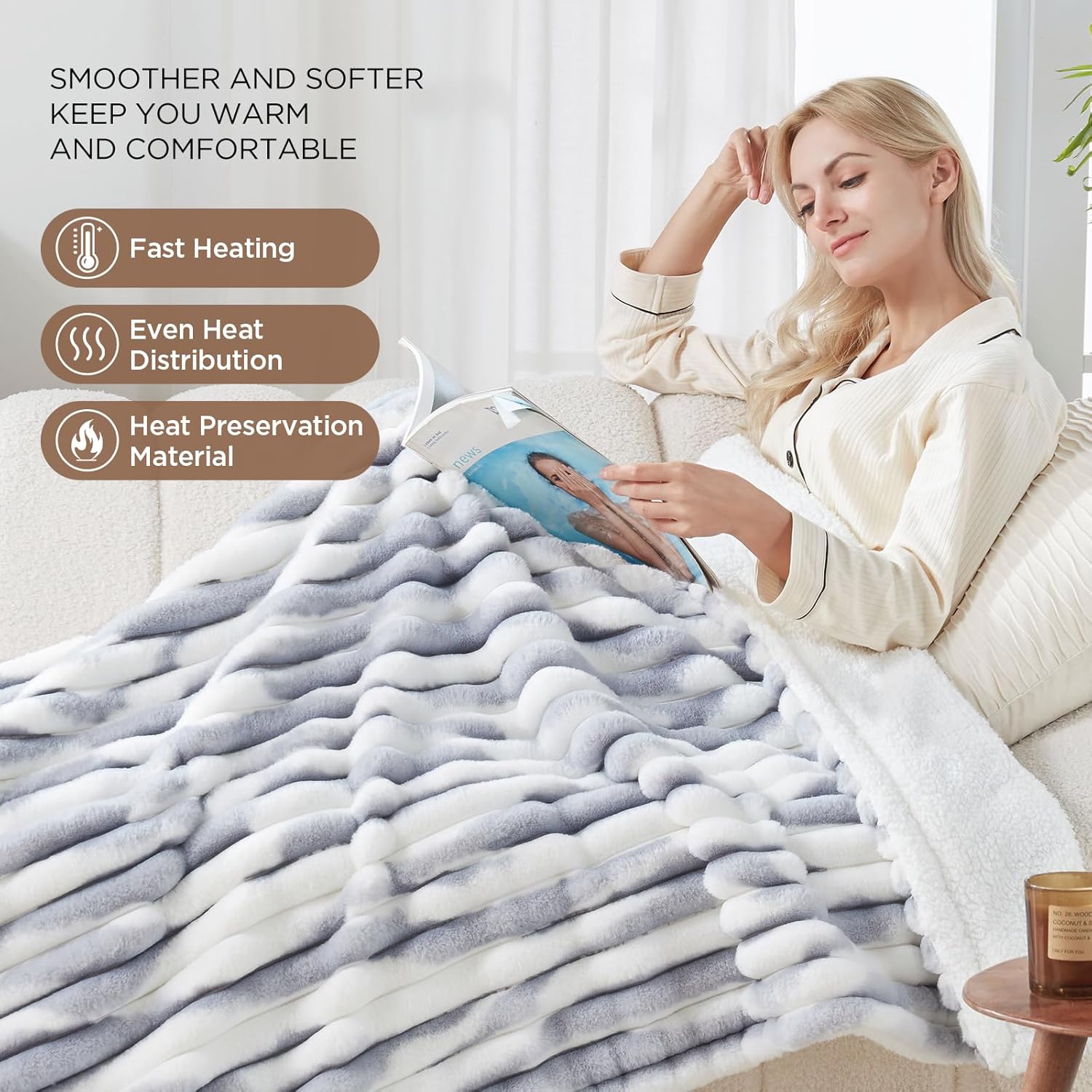 Westinghouse Heated Throw Blanket with 6 Levels Auto Off 50x60 Inch Blue Gray