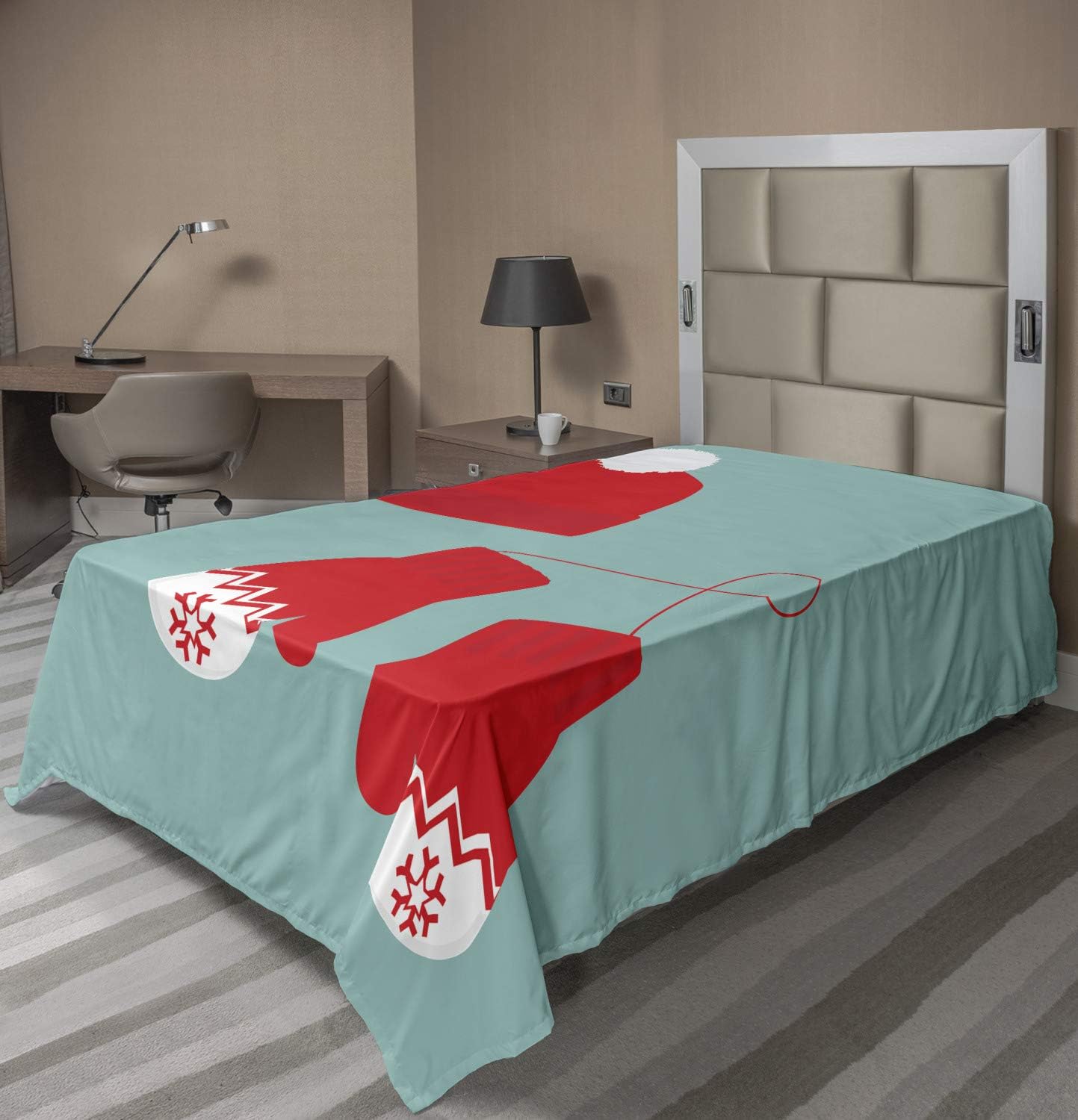 Ambesonne Christmas Flat Sheet 102x66 Inches TwinXL Size Vermilion Seafoam