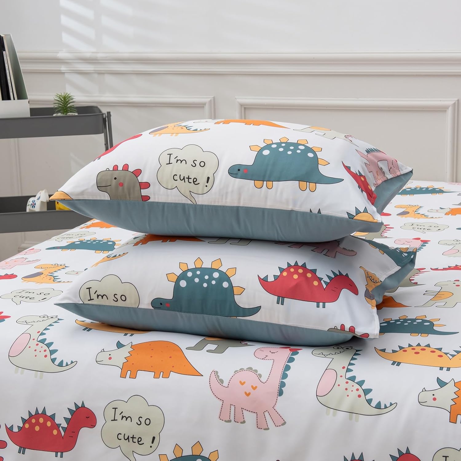JYhoney Dinosaur Duvet Cover Set Queen 3pcs Reversible Blue Bedding