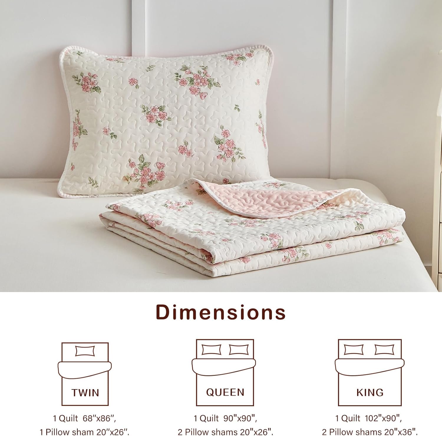 Joyreap Twin Quilt Set Floral Pink n White
