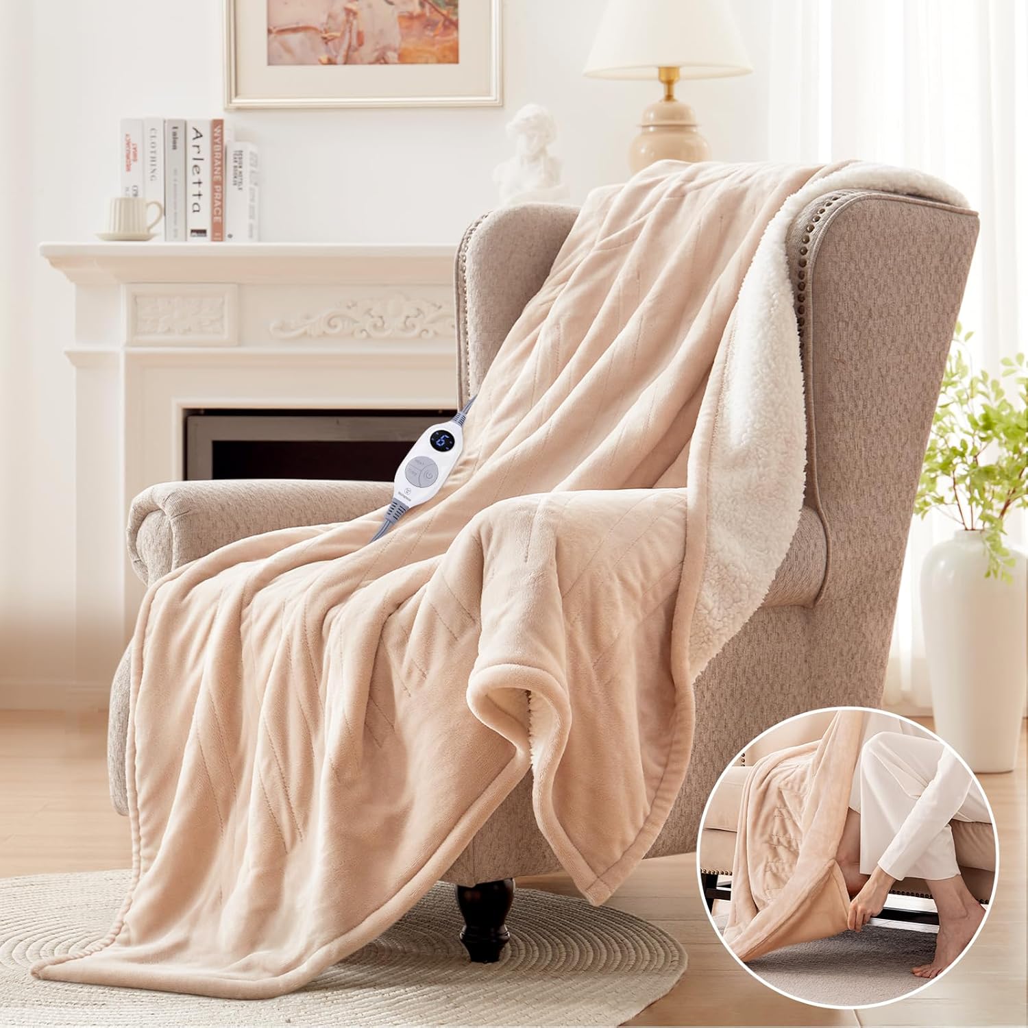 Westinghouse Heated Throw Blanket with Foot Pocket 50x62 Beige