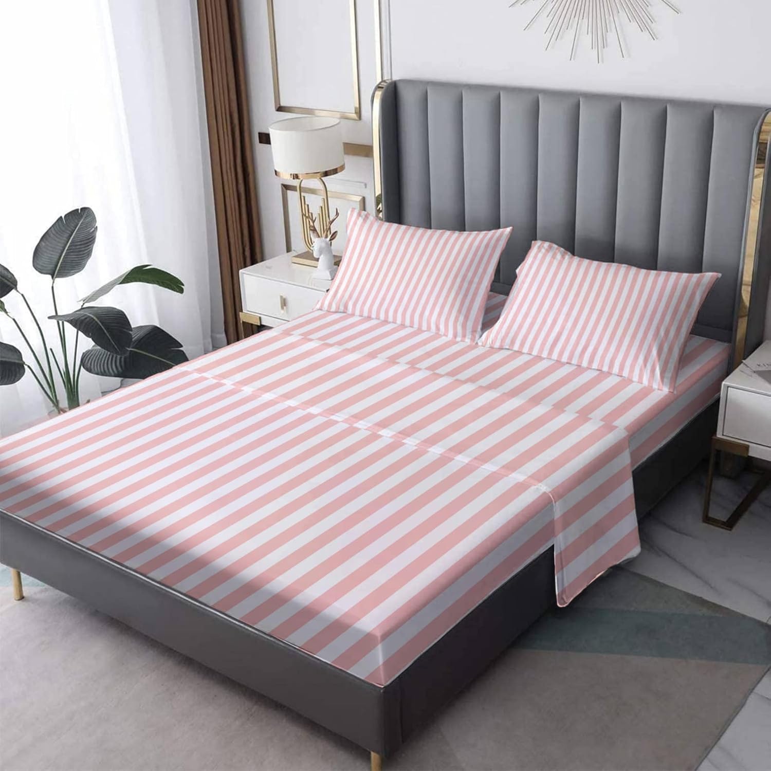 Pink and White Striped California King Sheet Set 4PCS