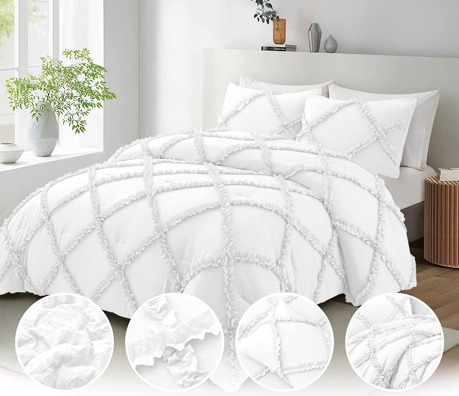 Diamond Ruffle Comforter Set 3 Piece White
