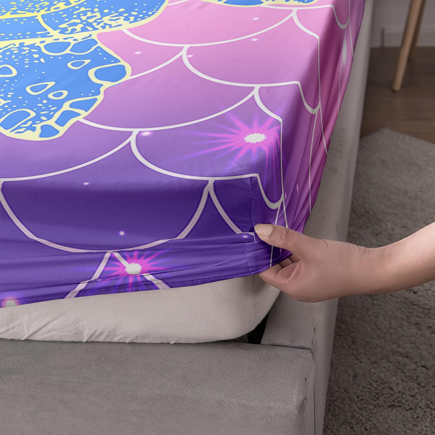 HOSIMA Glitter Star Mermaid Fish Scales Twin Fitted Sheet Set