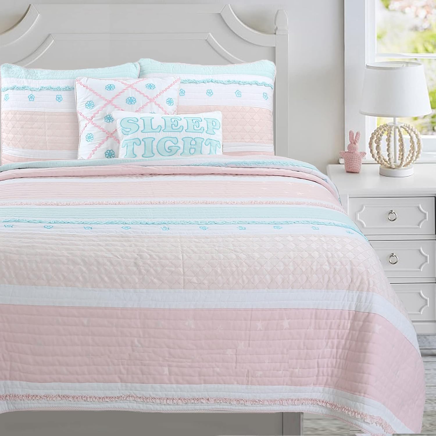 Cozy Line Light Pink Blue Ruffles Quilt Bedding Set 3 Piece